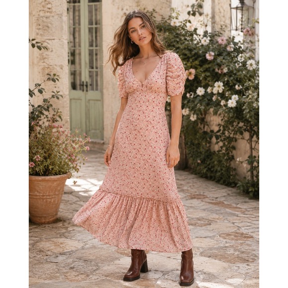 emory park Dresses & Skirts - Emory Park Dress Womens Large Pink Floral Tea Length Cottagecore Boho Romantic